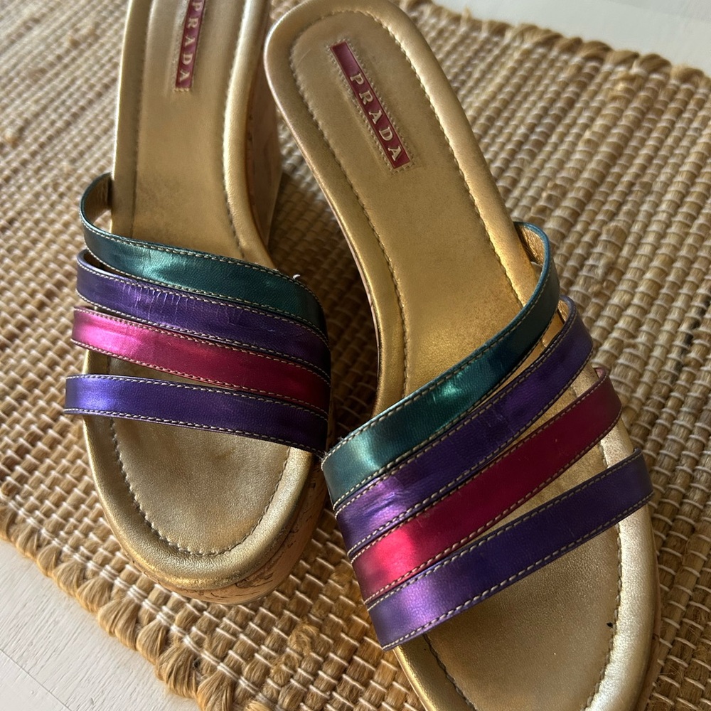 Prada Metallic Rainbow Cork Wedge Sandals